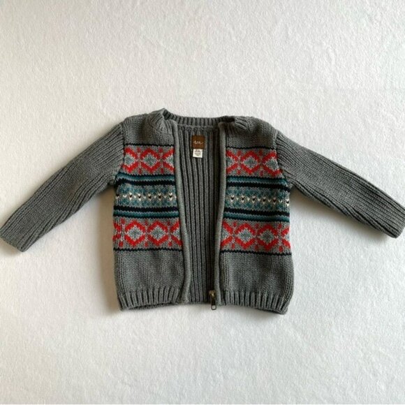 Tea Collection Grey Fair Isle Pattern Knit Zippered Sweater 6-12m - Picture 2 of 6